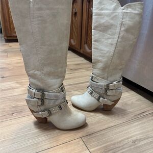 Not Rated Cream Heeled Boots with Buckle Detail